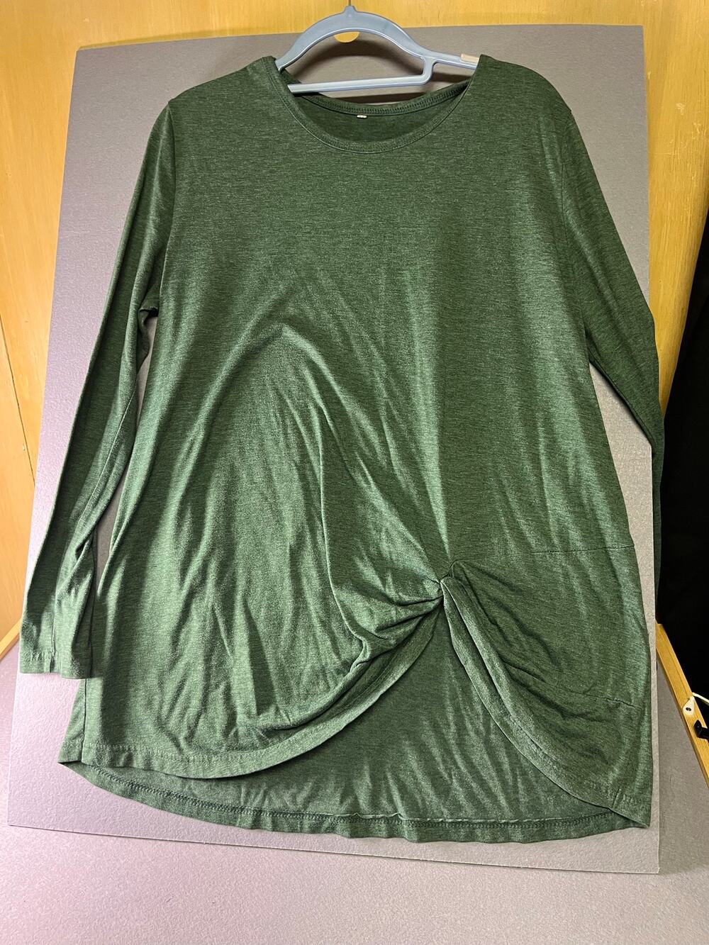 Olive Green Heathered Knot Front Long Sleeve Tunic Top Pullover Shirt